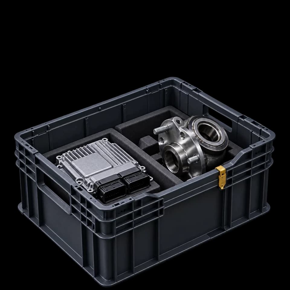 An electronic control unit and wheel hub assembly packed for transit between sites