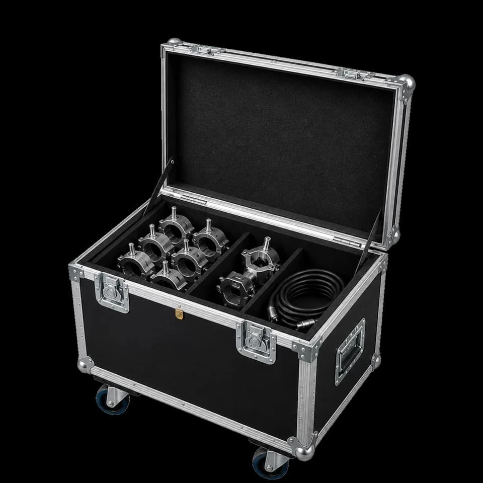 Exhibition truss couplers and signal cable packed for transport to a stand
